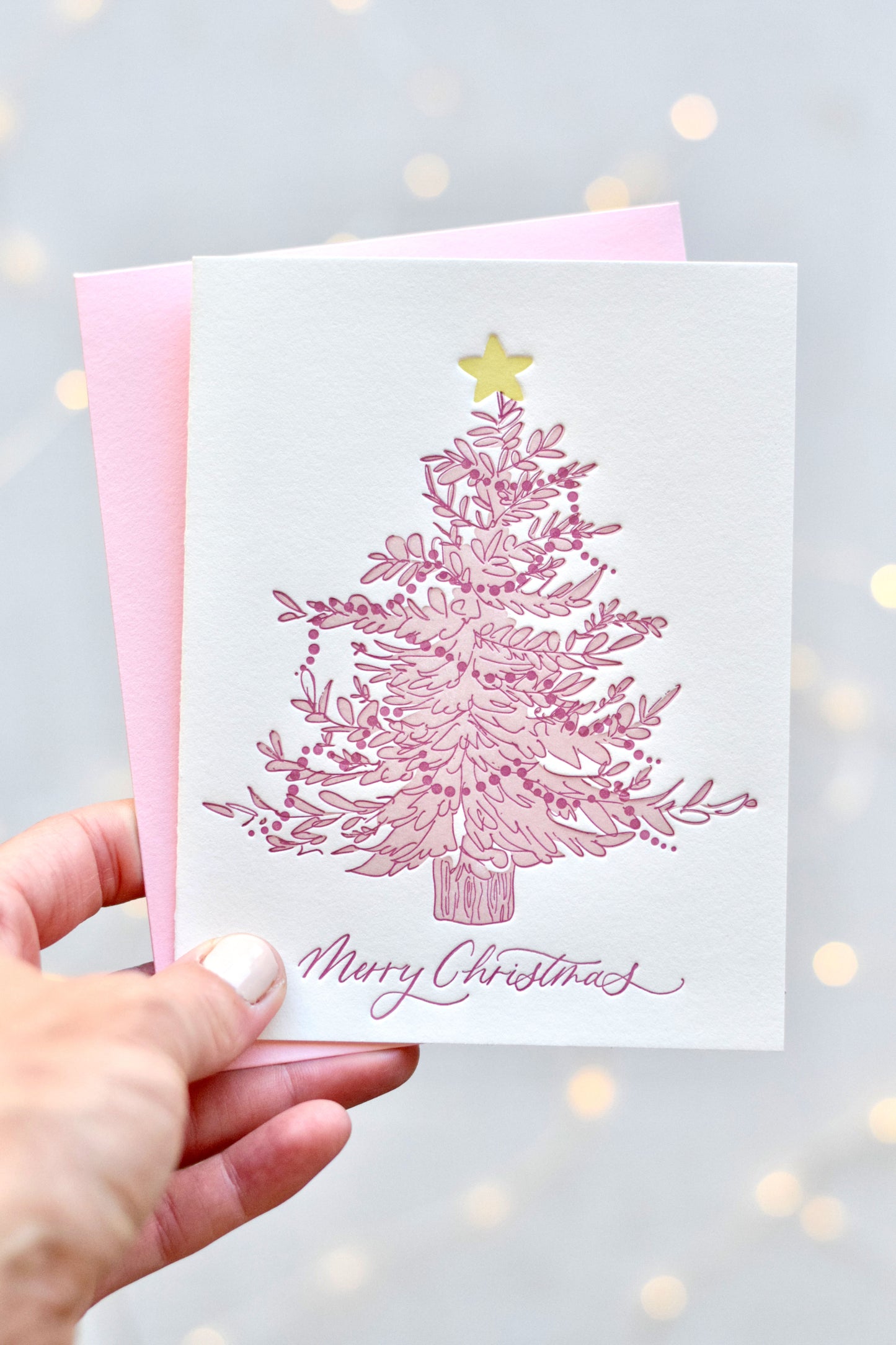 Pink Christmas Tree Letterpress Christmas Card