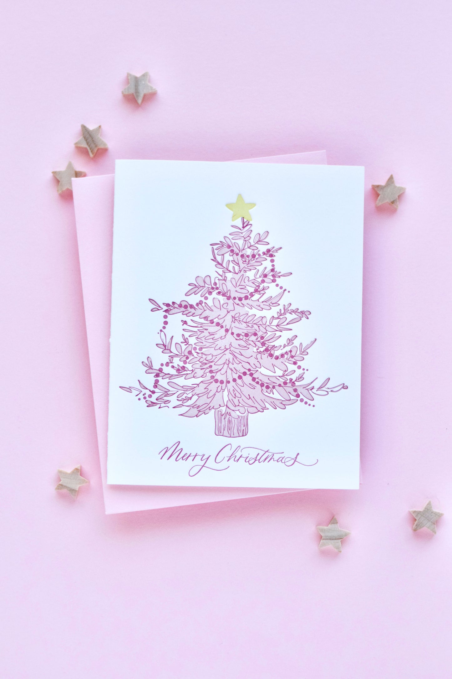 Pink Christmas Tree Letterpress Christmas Card