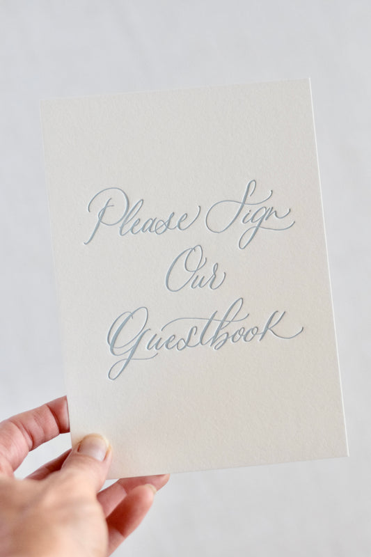 Antique Blue Letterpress 'Guestbook' Sign