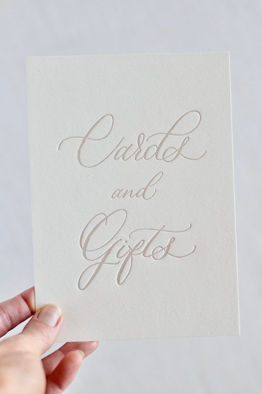 Boho Beige Letterpress 'Cards and Gifts' Sign
