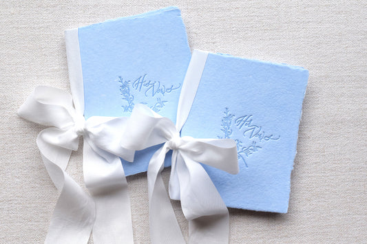 Sky Blue and White Letterpress Vow Booklets